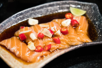 Salmon marinated shoyu or salmon pickled soy sauce in Korean style