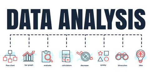 Fototapeta premium Data analysis banner web icon set. binoculars, flow chart, bar graph, variety, calculators, idea, evaluate, decrease vector illustration concept.