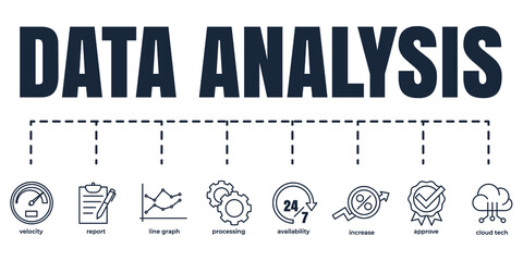 Data analysis banner web icon set. increase, velocity, processing, availability, line graph, cloud tech, approve, report vector illustration concept.