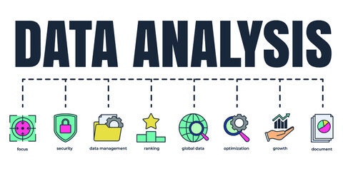 Data analysis banner web icon set. growth, focus, optimization, security, ranking, document, data management, global data vector illustration concept.