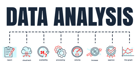 Data analysis banner web icon set. increase, velocity, processing, availability, line graph, cloud tech, approve, report vector illustration concept.