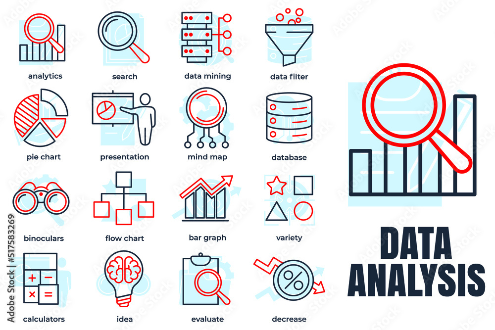 Poster set of data analysis icon logo vector illustration. data analysis pack symbol template for graphic a