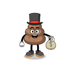 poop mascot illustration rich man holding a money sack