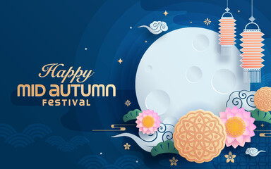 Mid autumn festival paper art style with full moon, moon cake, chinese lantern and rabbits on background.

