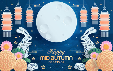 Mid autumn festival paper art style with full moon, moon cake, chinese lantern and rabbits on background.

 - obrazy, fototapety, plakaty