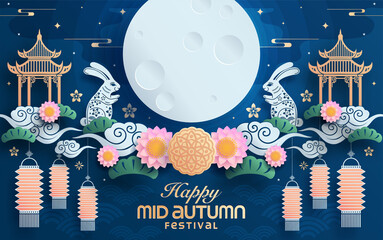 Mid autumn festival paper art style with full moon, moon cake, chinese lantern and rabbits on background.

 - obrazy, fototapety, plakaty