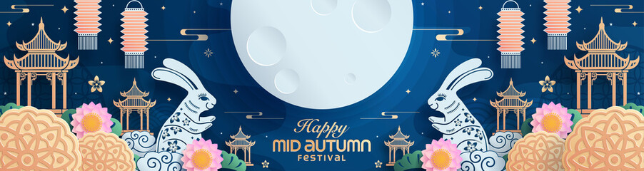 Mid autumn festival paper art style with full moon, moon cake, chinese lantern and rabbits on background.

