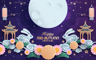 Mid autumn festival paper art style with full moon, moon cake, chinese lantern and rabbits on background.   © Chef Kai Vector