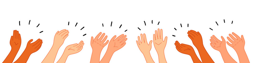 Applause hands set on doodle style. Human hands sketch, scribble arms wave clapping on white background, thumb up gesture silhouette, vector illustration