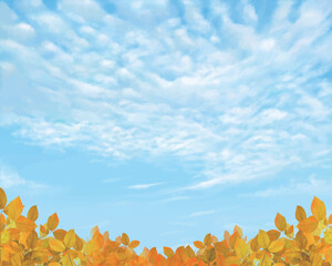 秋晴れのうろこ雲ー清々しい空と秋の葉っぱが黄金に輝く木々の美しい風景壁紙イラスト素材
 - obrazy, fototapety, plakaty
