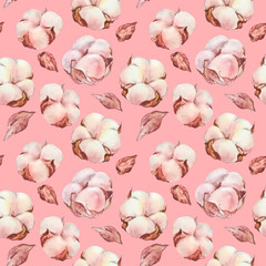 Pink background with watercolor cotton flowers, seamless background