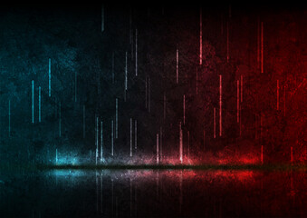 Abstract neon laser rain on dark red blue grunge background. Futuristic glowing graphic vector design - obrazy, fototapety, plakaty