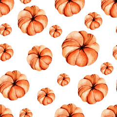 Seamless watercolor pattern. Autumn. Hand drawn orange pumpkins in different sizes on a white background. Fall, harvest