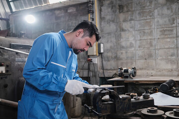 One professional Asian male industry engineer worker works in a safety uniform with metalwork...