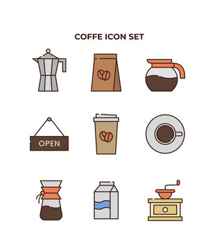 Coffee Icon Set Collection Of Drink Symbols On A White Background. Character , Coffee Machine, Coffee Grounds.