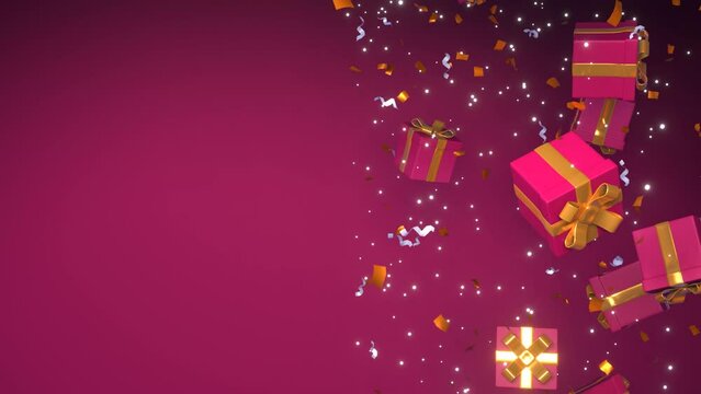 3d animation of falling gift boxes with ribbon and confetti. Video for birthday congratulation, New Year or Christmas celebration
