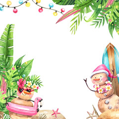 Tropical New Year, Christmas party frame with sand snowmen and tropical leaves in cartoon style. Tropical leaves and fruits, bright garlands, New Year characters background 