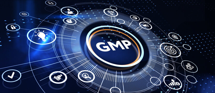 Good manufacturing practice certification quality control on virtual screen. GMP 3d illustration
