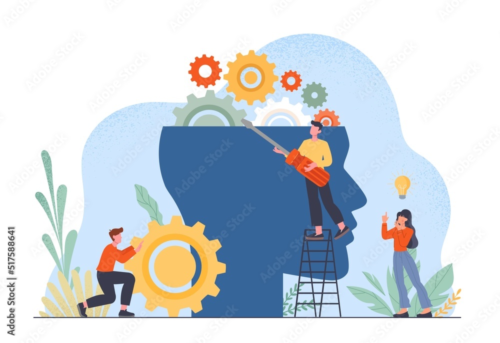 Poster self training concept. characters with tools next to abstract head silhouette. creative and logical 
