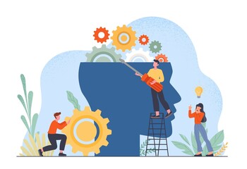 Self training concept. Characters with tools next to abstract head silhouette. Creative and logical processes, brain research. Education, learning and development. Cartoon flat vector illustration
