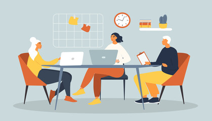 vector illustration - a people works in the office with a laptop. trend illustration in flat style