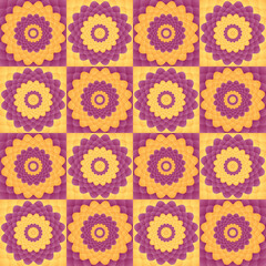 Geometric Dahlia Pattern. Stylized, vector dahlia. Seamless pattern arrange in a chessboard. Burgundy and yellow tiles. 