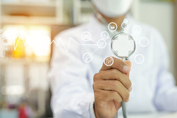 Medical Healthcare Research and Development Concept. doctor hand using medical interface icon