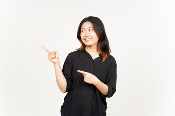 Showing Product and Pointing Side of Beautiful Asian Woman Isolated On White Background