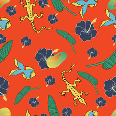 Caribbean folk art with flowers, palm leaves and fish on red background.