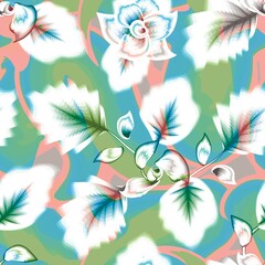 Floral seamless pattern with colorful plants leaves and foliage on abstract wave background. Beach wallpaper seamless pattern. nature element. tropical wallpaper. prints texture. Floral background