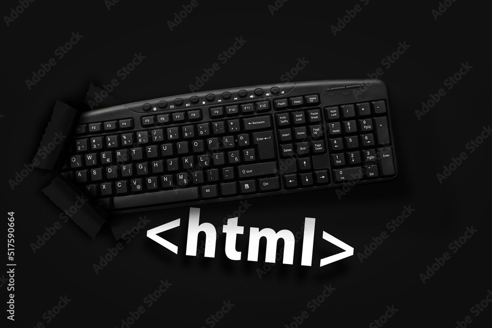 Poster pc keyboard with html tag on black background
