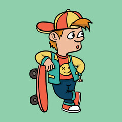 Cute boy with skateboard in hand, casual style