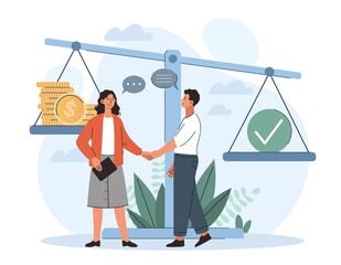 Business ethics concept. Man and woman make deal. Principles and rules of company, responsible business. Moral aspect over finance. Partnership and collaboration. Cartoon flat vector illustration