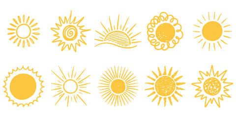 set of doodle sun isolated on white background. Design elements. vector illustration.