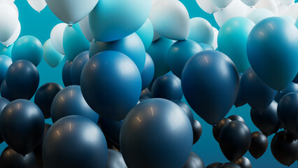 Youthful Birthday Wallpaper, with Blue, Turquoise and White Balloons. 3D Render.