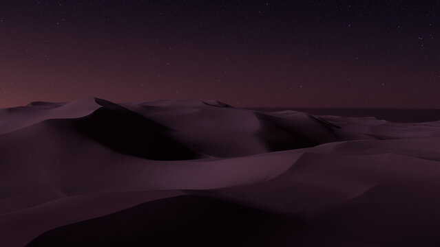 Desert Landscape with Sand Dunes and Warm Gradient Starry Sky. Peaceful Modern Background.