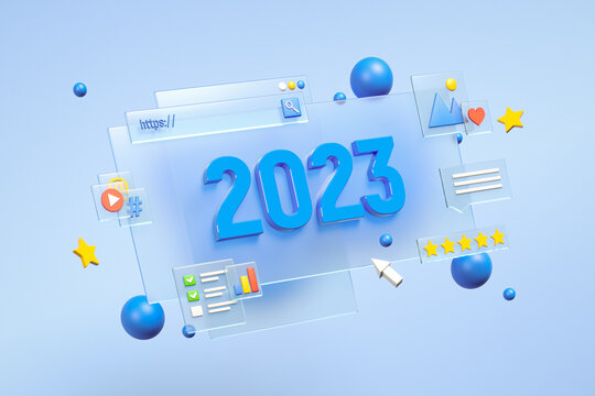 2023 on glass screen technology device. Concept of message on glass user interface. Analysis, business, finance and mobile web design for 2023. Social media congratulation. 3d illustration. 3d render.