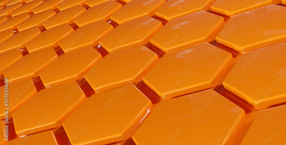 Sticker abstract modern orange glossy hexagon background using as header, 3d rendering