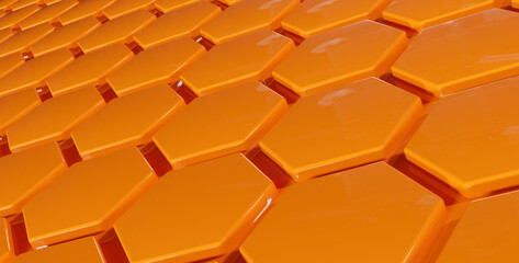 Abstract modern orange glossy hexagon background using as header, 3d rendering