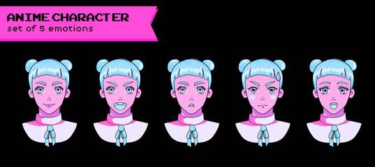 Design of a female cheerful blonde anime character with the "odango" hairstyle showing different expressions and emotions.