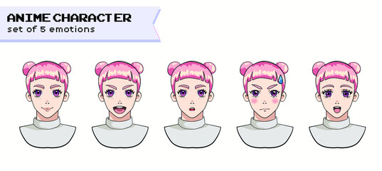 Fototapeta premium Design of a female cheerful pink-haired anime character with a set of different expressions and emotions.