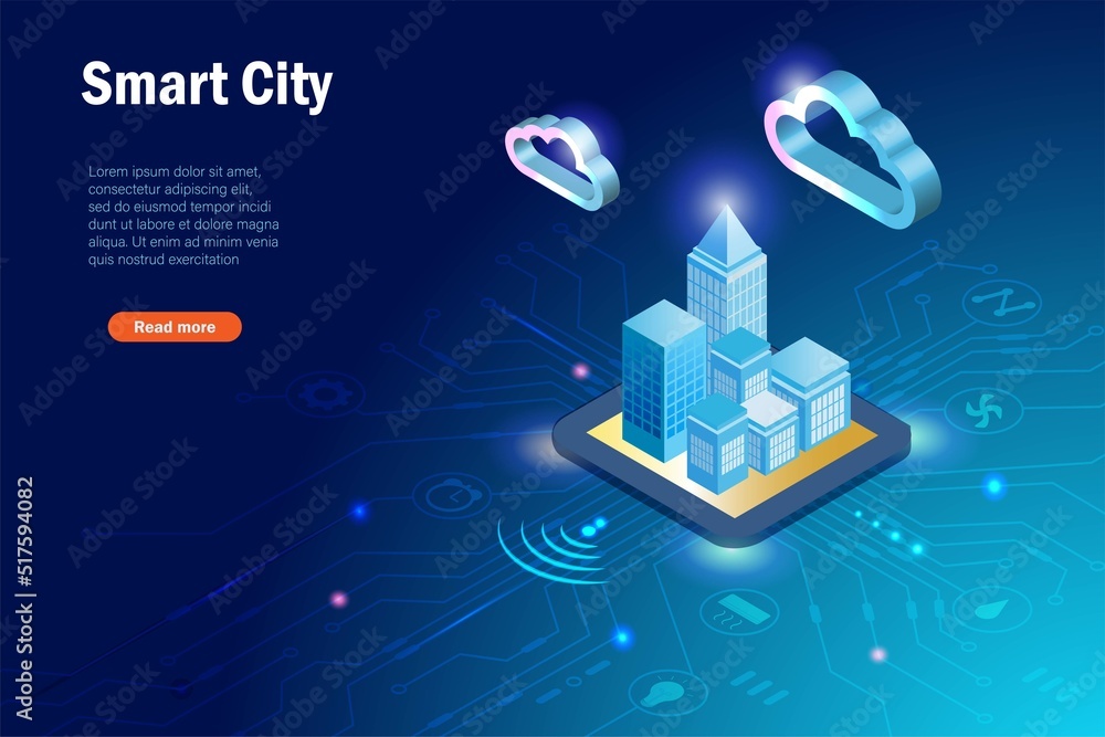 Poster smart city buildings and home appliances control on microchip board with cloud computing and wireles