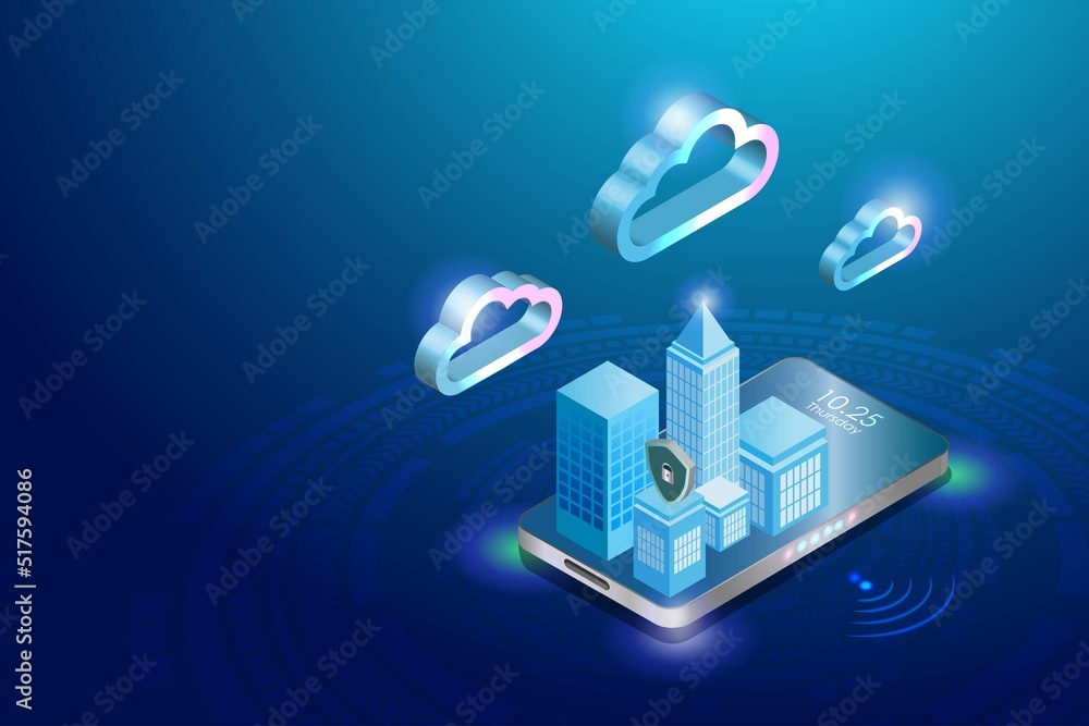 Poster smart city on smartphone with cloud computing technology and cyber security protection in futuristic