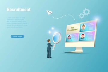 Online recruitment, we are hiring concept. Businessman searching for qualified person from candidate application to put on vacancy position. Human resources management.