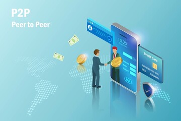P2P, peer to peer trading, fiat and spot online crypto currency trading, global financial technology concept. Businessman exchange digital money via smart phone platform application.