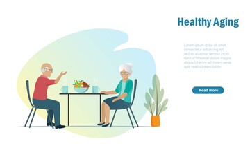 Healthy aging, senior care concept. Happy elderly couple drinking and talking at table.