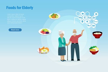 Senior couple with proper nutrition foods for elderly. Healthy foods, fruits and appropriated menu. Daily nutrition, senior care, healthy aging concept.