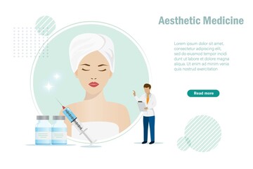 Aesthetic doctor with dermal filler medicine and beautiful woman face. Idea for aesthetic medicine, plastic surgery, cosmetology treatment, professional anti aging business.