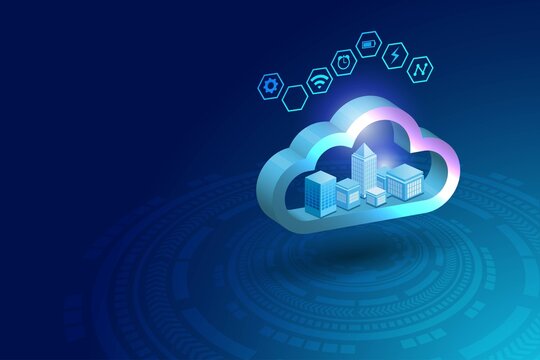 Smart city in cloud computing with smart services network connecting. Wireless storage technology with data protection in futuristic background.