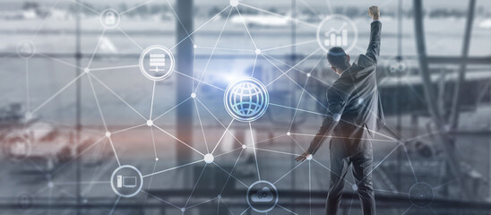 Communications project. Graphics on the background of office workers